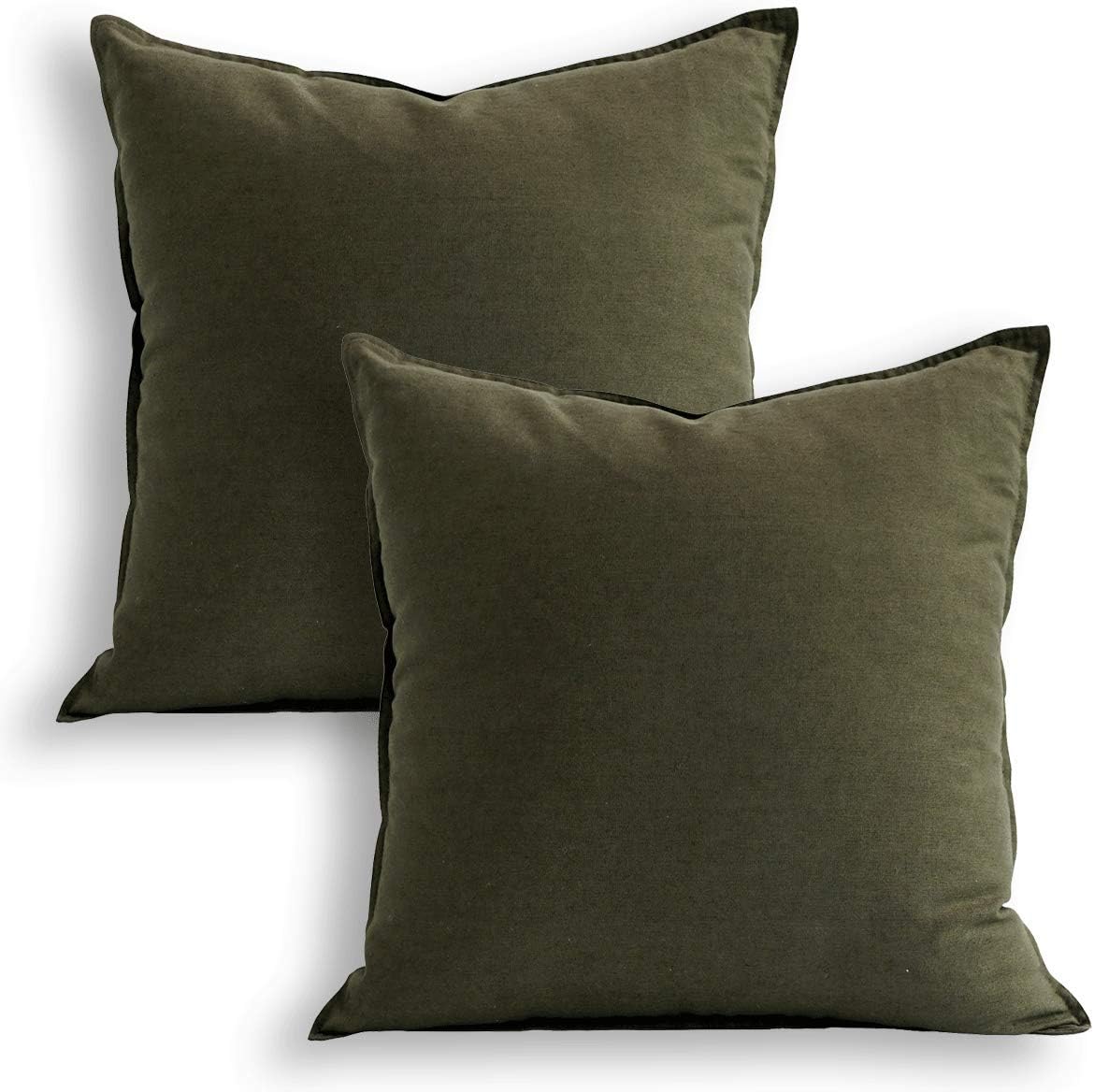 18"x18" Solid Cotton Linen Decoration Green Throw Pillow Case with Zipper Cushion Case Pillow Cover Decorative Pillowcase for Chair/Bed/Couch, (45 x 45cm),2 Packs, Olive Green