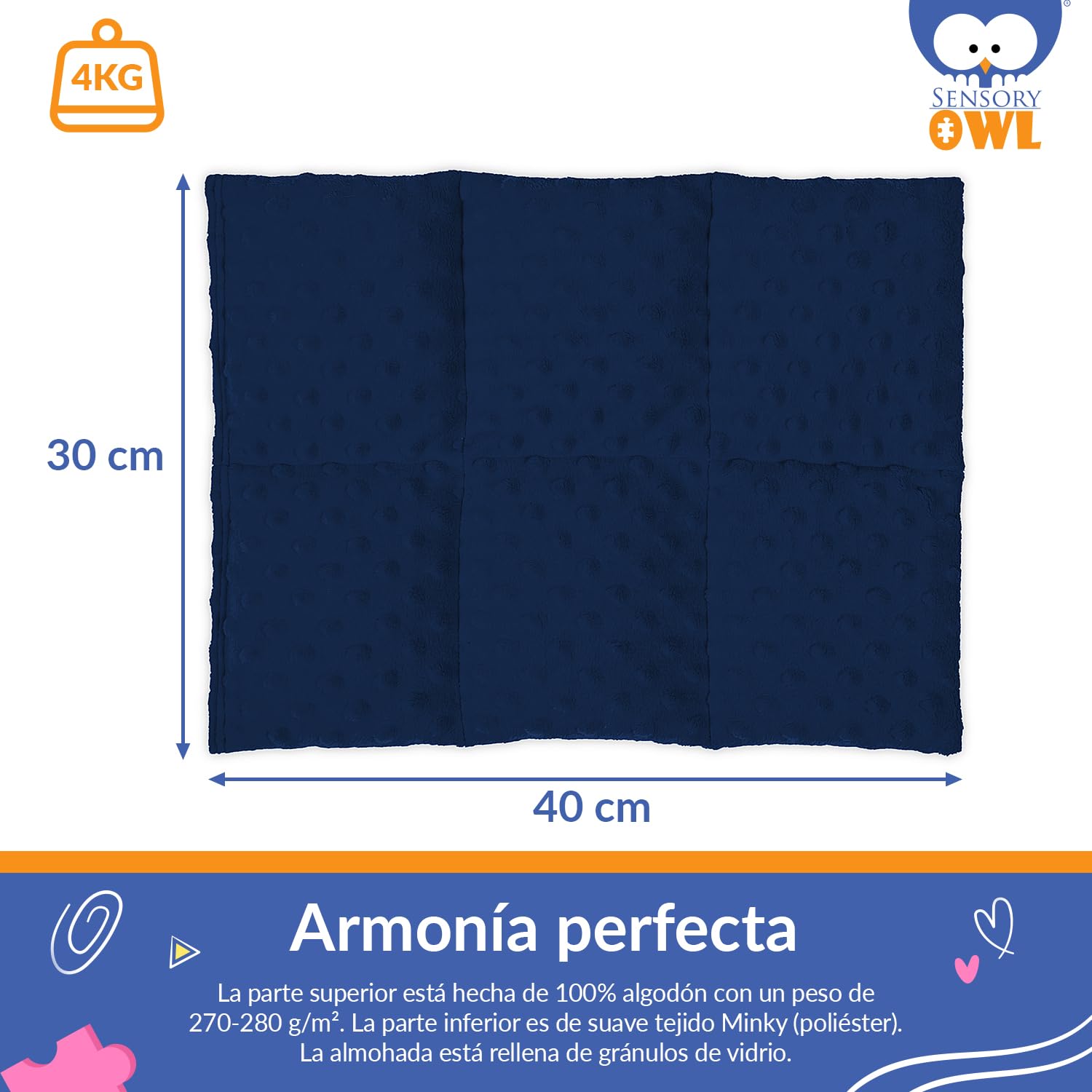 Almohada Pesada Cojin Sensorial De Regazo Suave Terapéutico para Niños Y Adultos Alivio del Estrés Ansiedad Auto-calmante Relajante 30 x 40 cm 4kg Azul Marino