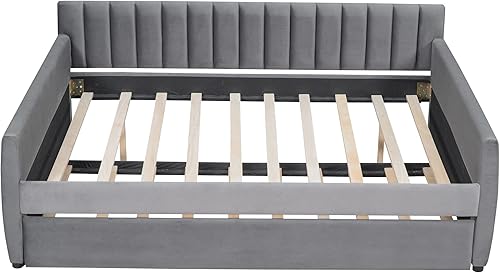 Miniatura 5 de MERITLINE Sofá cama tapizado de tamaño matrimonial con nido, sofá cama matrimonial de terciopelo con respaldo y reposabrazos, marco de cama