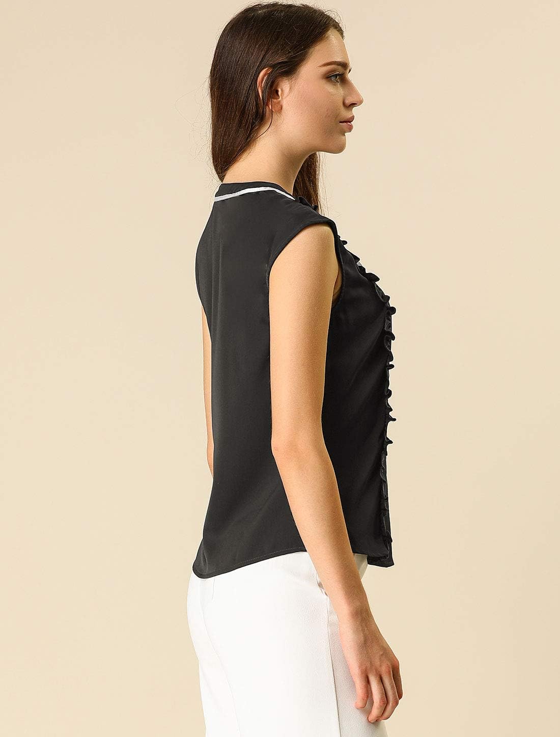 Allegra K Women's Cute Tie Neck 2023 Summer Ruffle Solid Color Sleeveless Button Down Shirt - Image 4