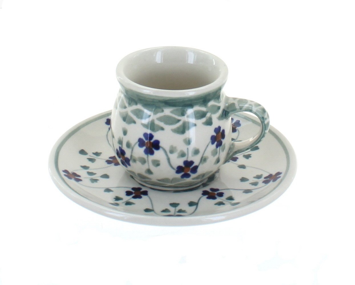Blue Rose Polish Pottery - Green Sage Floral Espresso Cup & Saucer - 3 oz - Unique Mug & Saucer, Perfect for Breakfast