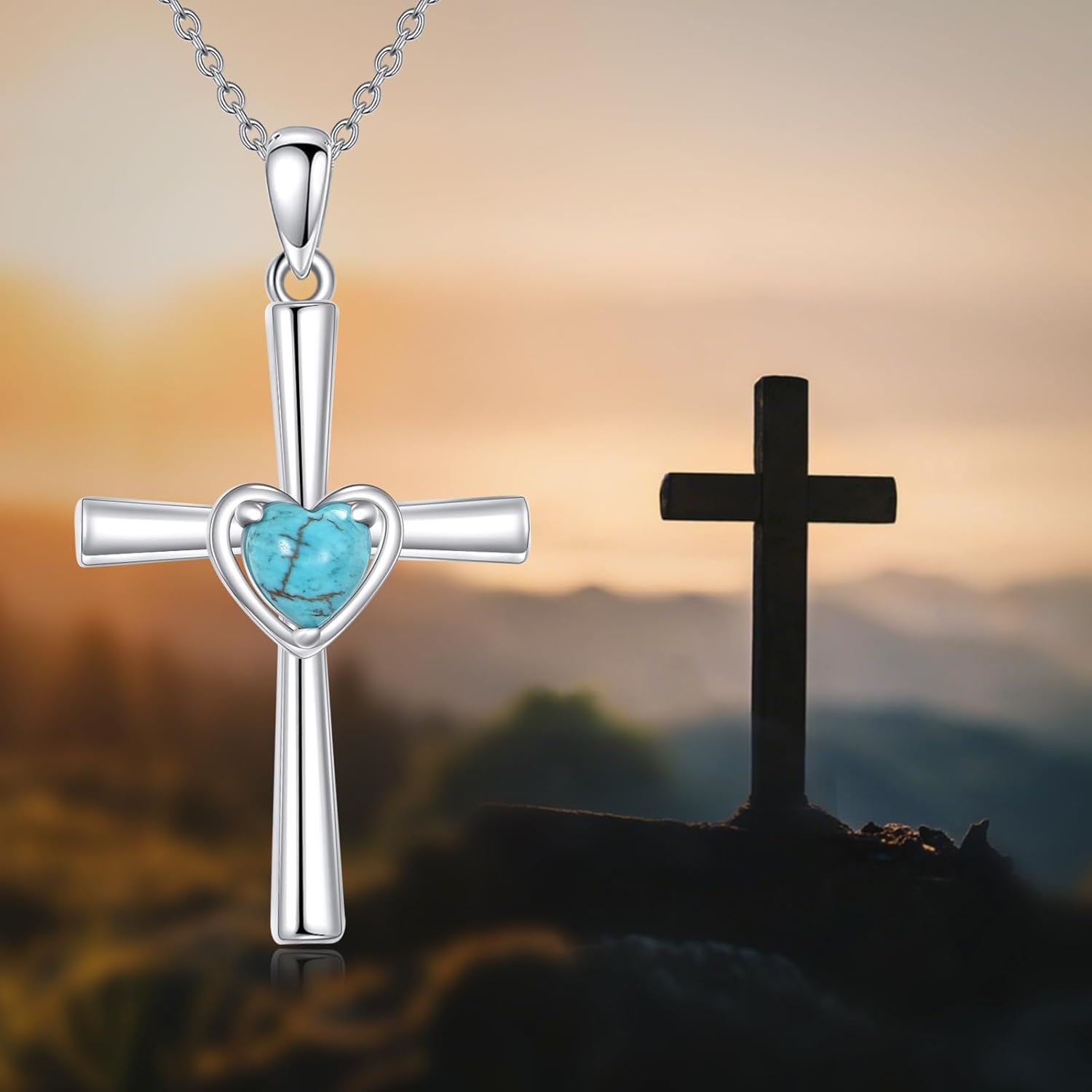 Heart Cross Necklace 925 Sterling Silver Turquoise Pendant Cross Jewelry Gifts for Women - Image 6
