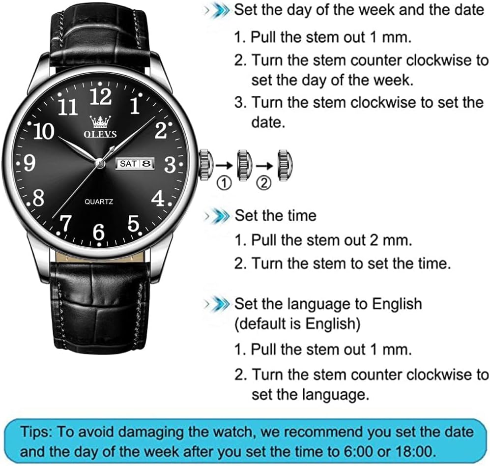 OLEVS Mens Watches Vintage Leather Band Dress Classic Easy Reader Arabic Numerals Analog Quartz Waterproof Date and Day Blue/Black/White Large Face Men's Wrist Watches - Image 5