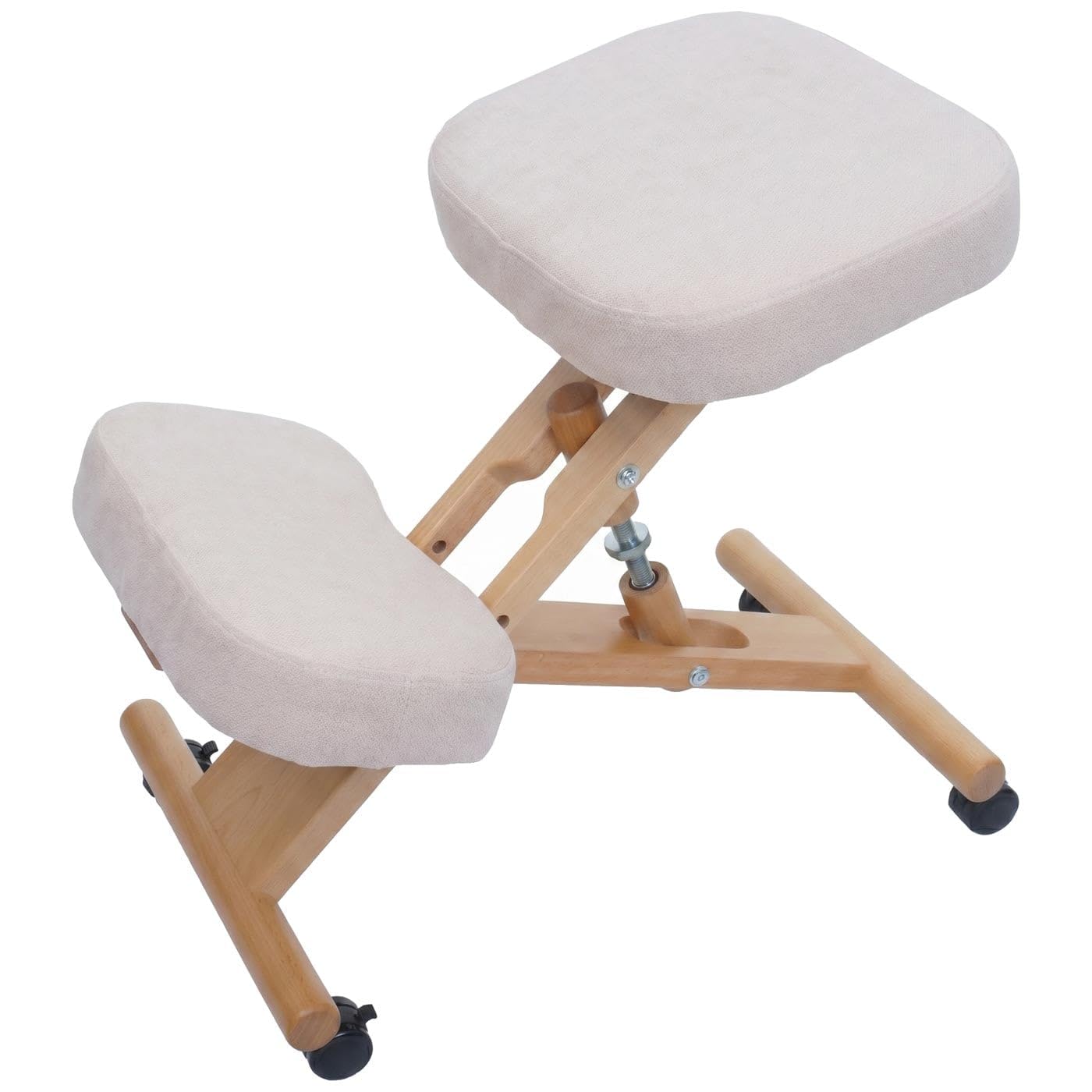 Mendler Kniestuhl HWC-Q46, Sitz-/Kniehocker höhenverstellbar Rollen Stoff/Textil (200g/m²) Holz - Creme
