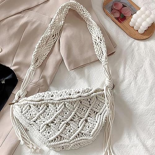 KYOFIS Handwoven Crossbody Handbag, Women's Bohemian Crochet Bag Handwoven Cotton Shoulder Bag for Beach Travel Outdoor (Color : White)3
