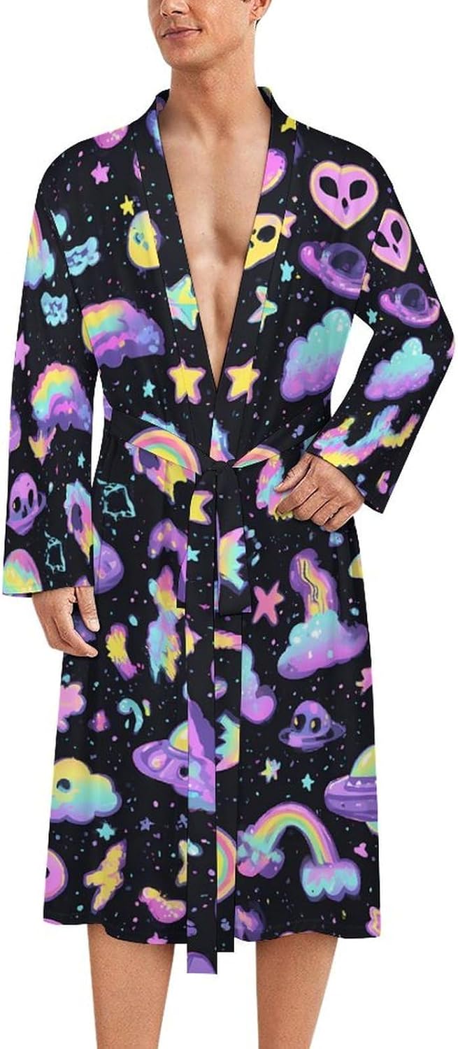 Aliens Neon Rainbow Casual Robes Bathrobe Knee Length V-neck Loungewear Sleepwear