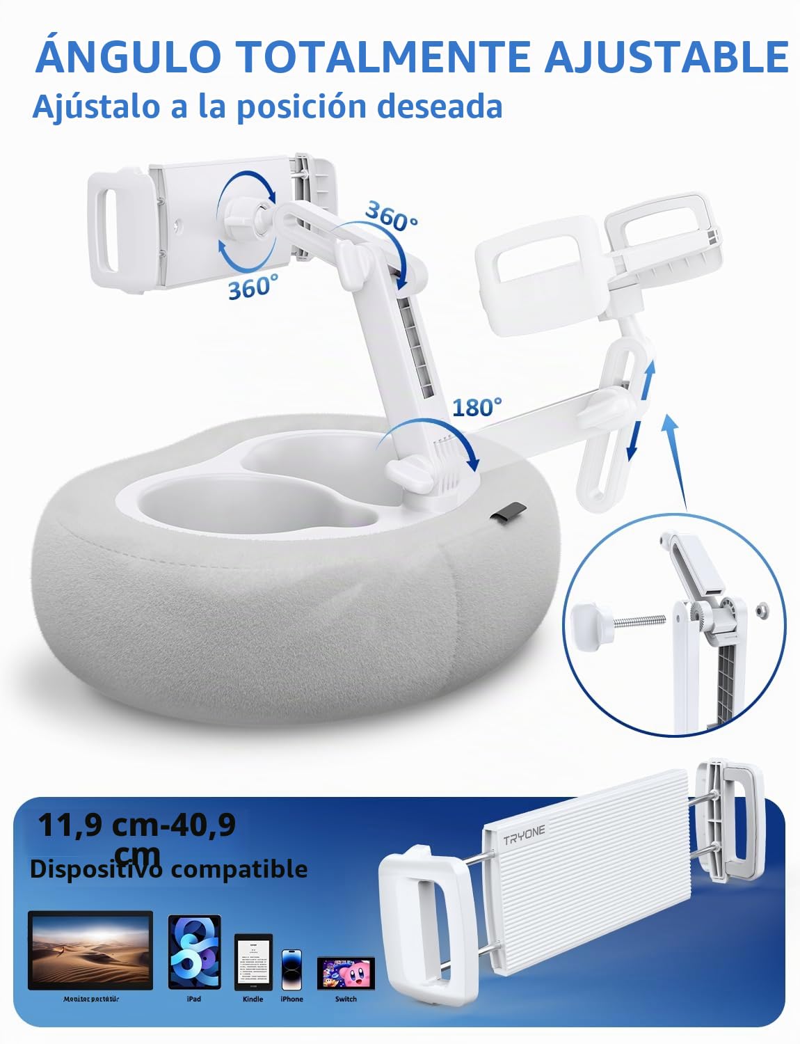Soporte para Tablet y Sostén de Cojín para E-Reader con 2 Bandejas Desmontables & Cojín de Felpa Suave para Cama/Regazo Compatible con Kindle, Kobo, iPad, iPhone, Android, Otros Dispositivos 4,7–16.1″