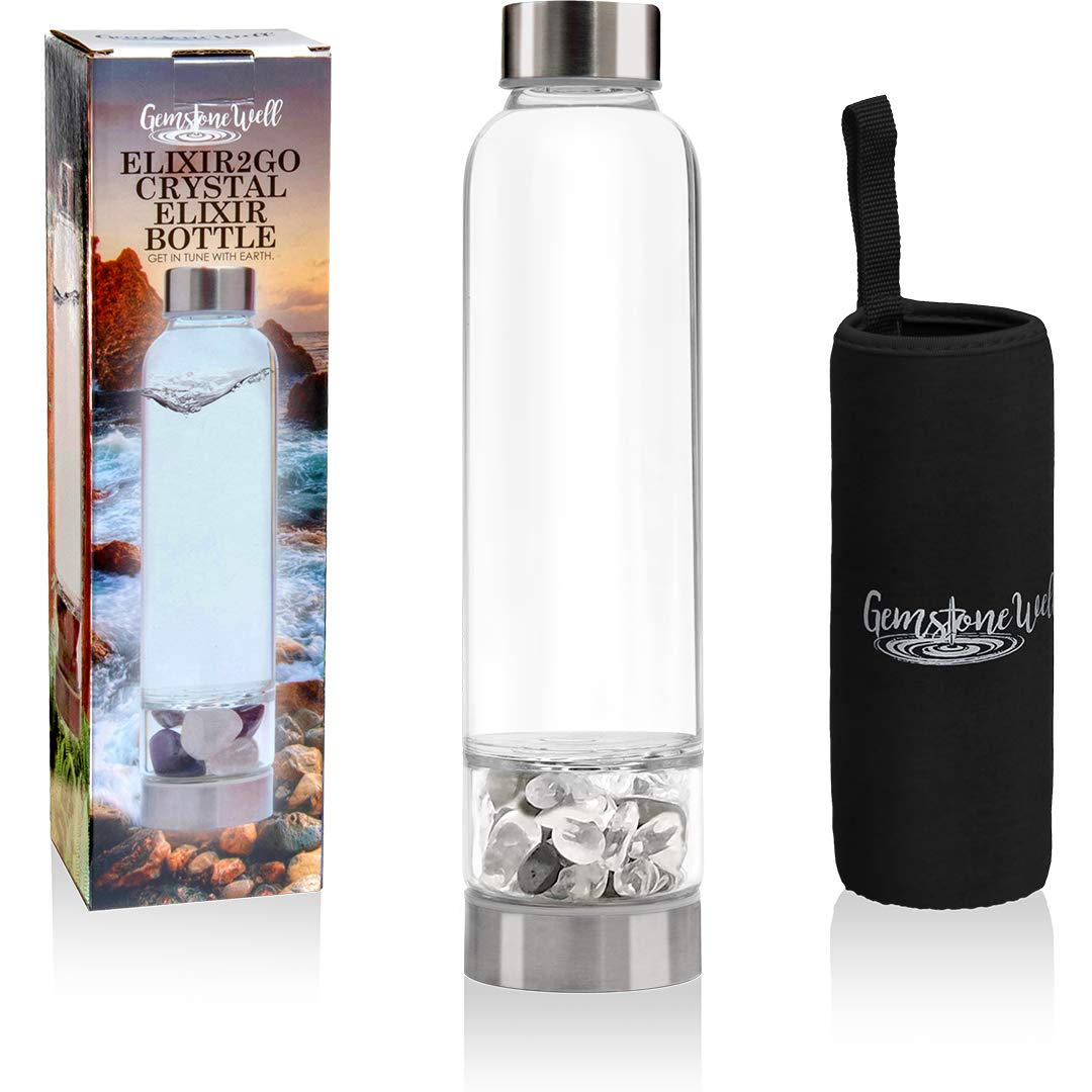 Gemstone Well Crystal Water Bottle Elixir Set | Includes Authentic Hematite & Clear Quartz Healing Crystals | Black Neoprene Sleeve | Drink Gem Infused Water On The Go