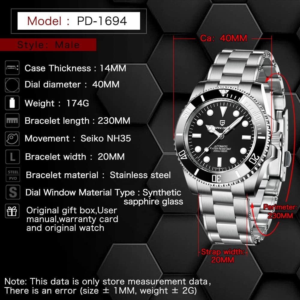 Orologio uomo Pagani Design 1694 Orologio meccanico automatico Acciaio inossidabile Movimento NH35, Orologio sportivo subacqueo in cristallo di zaffiro sintetico resistente allacqua 200M Orologio uomo Pagani Design 1694 Orologio meccanico automatico Acciaio inossidabile Movimento NH35, Orologio sportivo subacqueo in cristallo di zaffiro sintetico resistente allacqua 200M