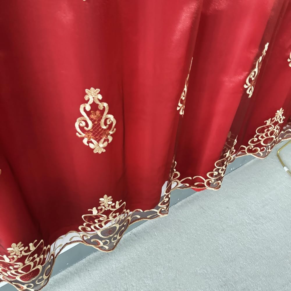 Amidoudou 2 Panels Luxury Embroidered Curtains with Valance, Double Layer Flower Design for Living Room & Bedroom, Red, 52x96 Inch