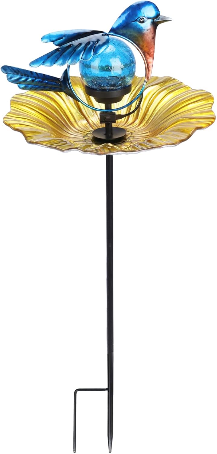 MUMTOP Glass Bird Baths for Outdoors, Solar Outdoor