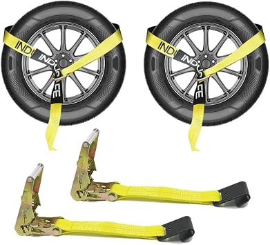 2 Pack Car Tie Down Straps for Trailers Flat Hooks Lasso Style and 2 X 96 Tie Down Webbing Easily Secure Tire Tie-Downs for Any Car, SUV, Jeep or Sports Car Upgraded Version
