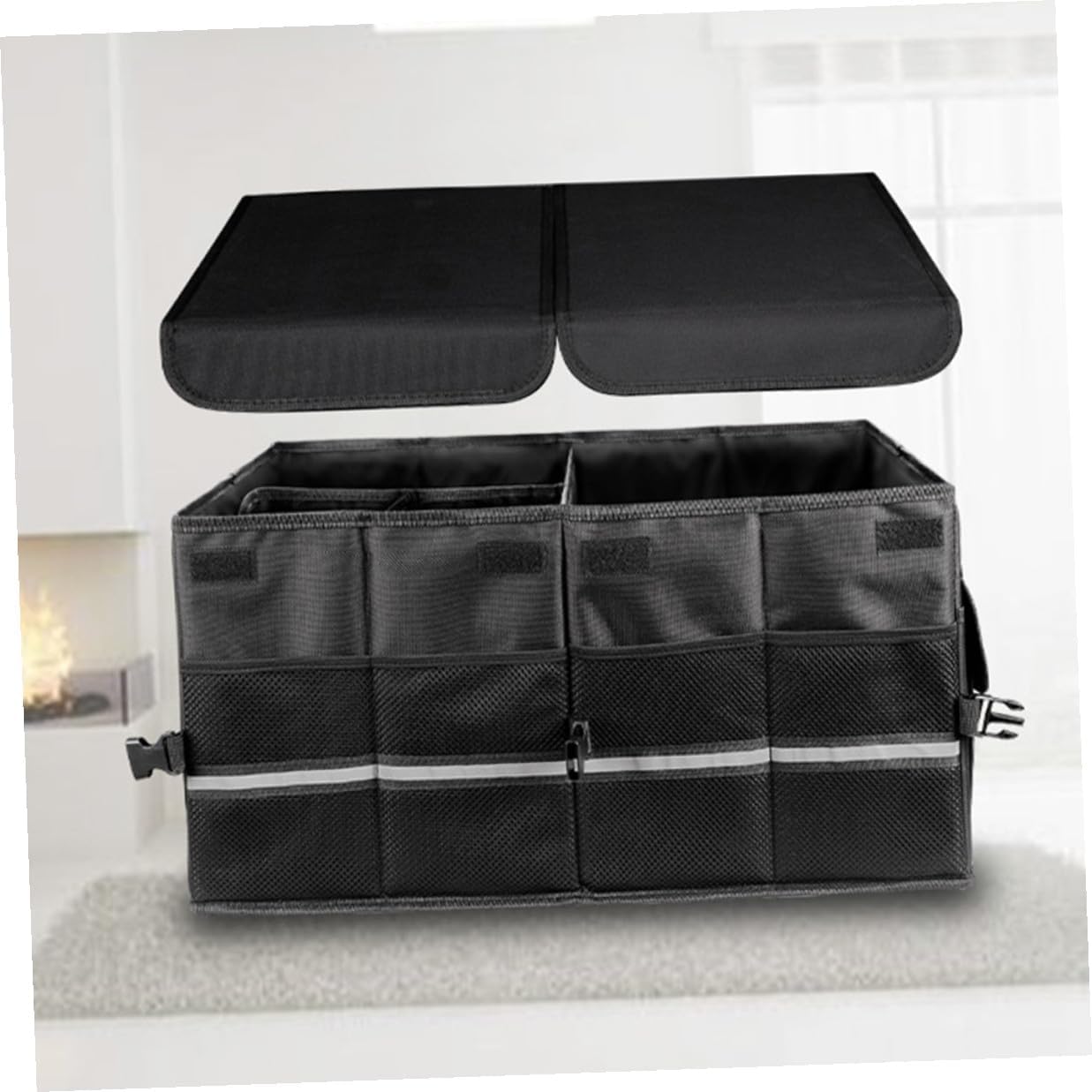 PRETYZOOM Car Foldable Trunk Organizer Black, Collapsible Car Storage Box with Multiple Compartments for Suv and Sedan, Automotive Cargo Organizer for Vehicle Interior Storage