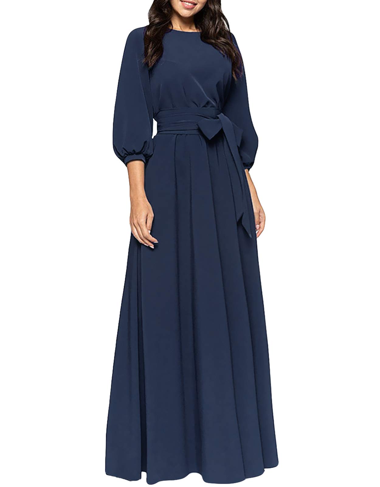 AOOKSMERYWomen Elegance Audrey Hepburn Style Round Neck 3/4 Puff Sleeve Swing Midi Dress Long Belt Dresses with Pockets