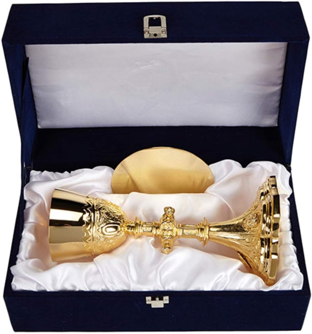 Solid Brass Holy Family Chalice/Paten - 24 Kt Gold Plate Liner - Hard Case with Handle included