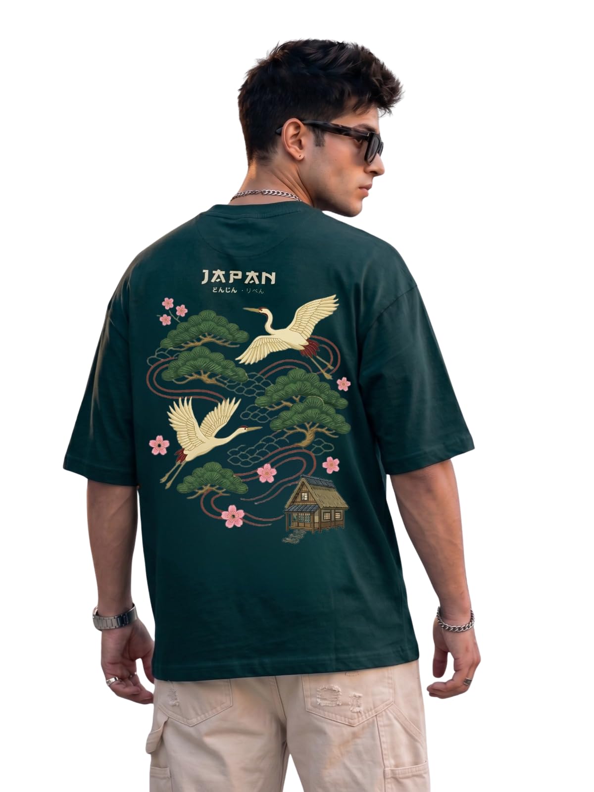 Men Oversized Cotton T-Shirt 180 GSM | Bio-Washed Dark Green Japanese Graphic Printed Oversized T-Shirt | Back Print Streetwear Loose Fit Tee-image-26