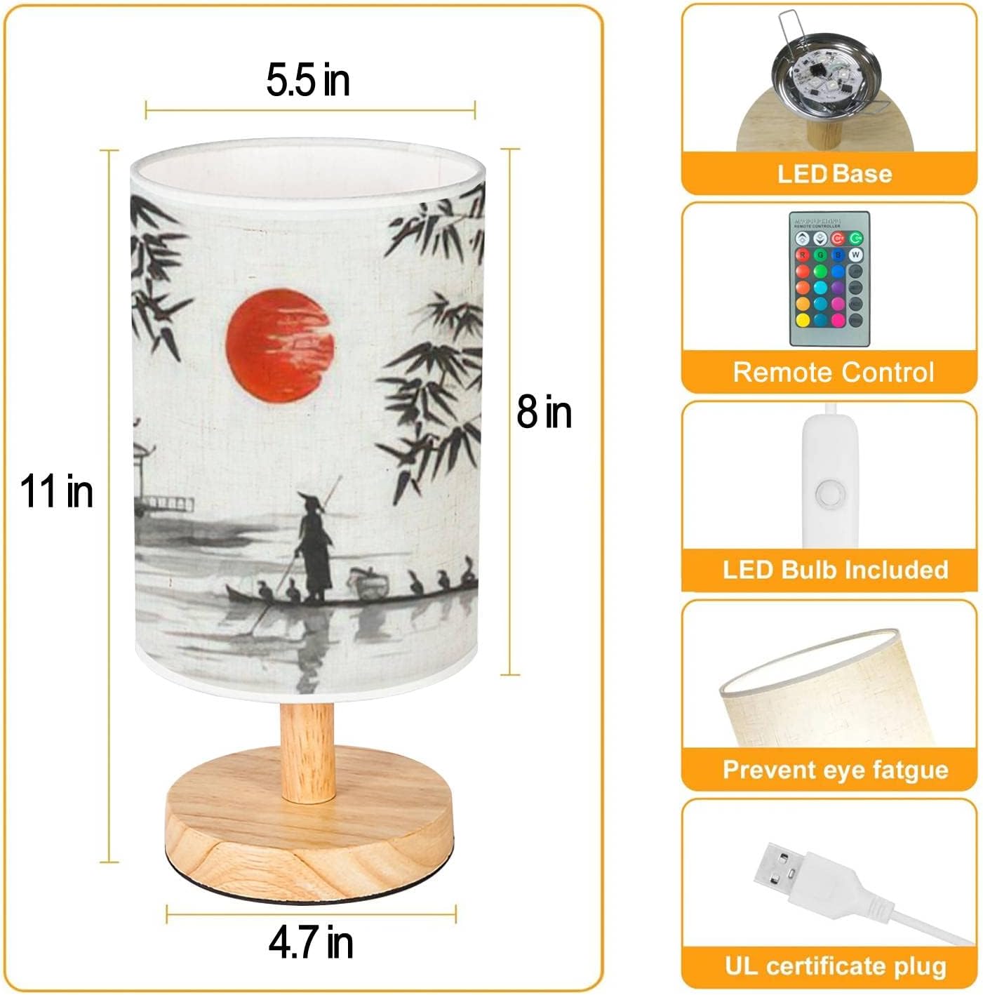 Small Table Lamps Japan Traditional japanese painting Sumi e art Japan Traditional Linen Fabric Shade Adjustable Light Bedside Lamp Desk Reading Lamps Nightstand Lamp for Bedroom Office Nursery