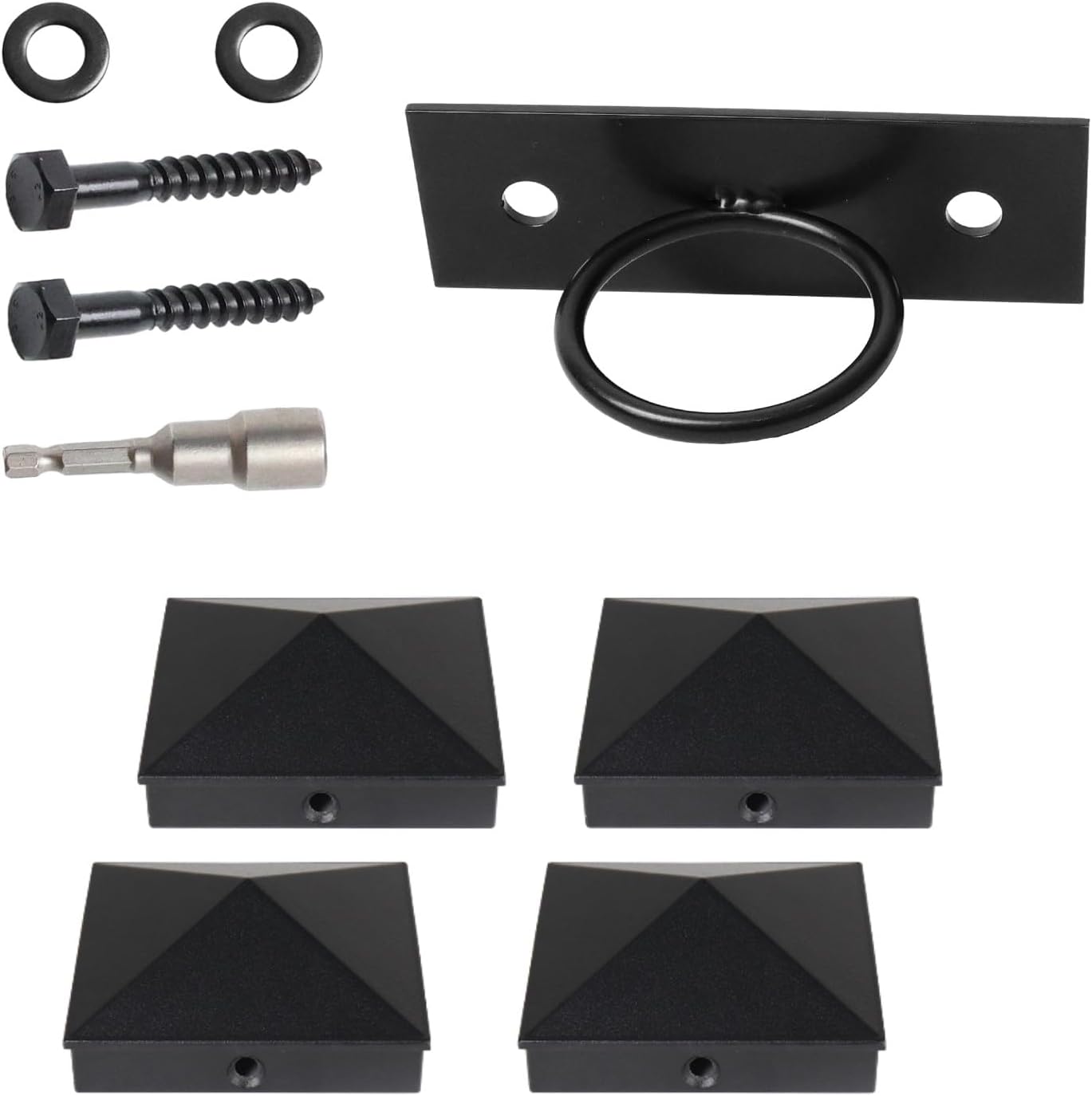 Muzata 4Pack 4x4 Aluminum Post Caps Post Cover Pyramid Black Powder-Coated Fence Post Cap for Wood Fence Deck Railing WT06 Bundle with 5Pack Black Decorative Ring Rope Supports Holders M047