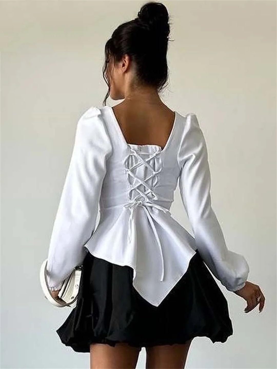 Women Square Neck Long Sleeve Open Back Tops and Pleated Mini Skirts Cotton 2 Piece Sets