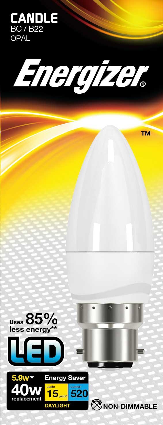 Energizer Daylight B22 Candle Led Light Bulb - 5.9W With Opal Finish. 6500K, 520 Lumen Energy Saving Lightbulb. Non-Dimmable - Large Bayonet (Bc)