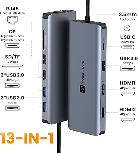 Miniatura 2 de Estación de acoplamiento USB C de 13 en 1 pantalla triple con cargador de portátil USB C de 100 W GAN