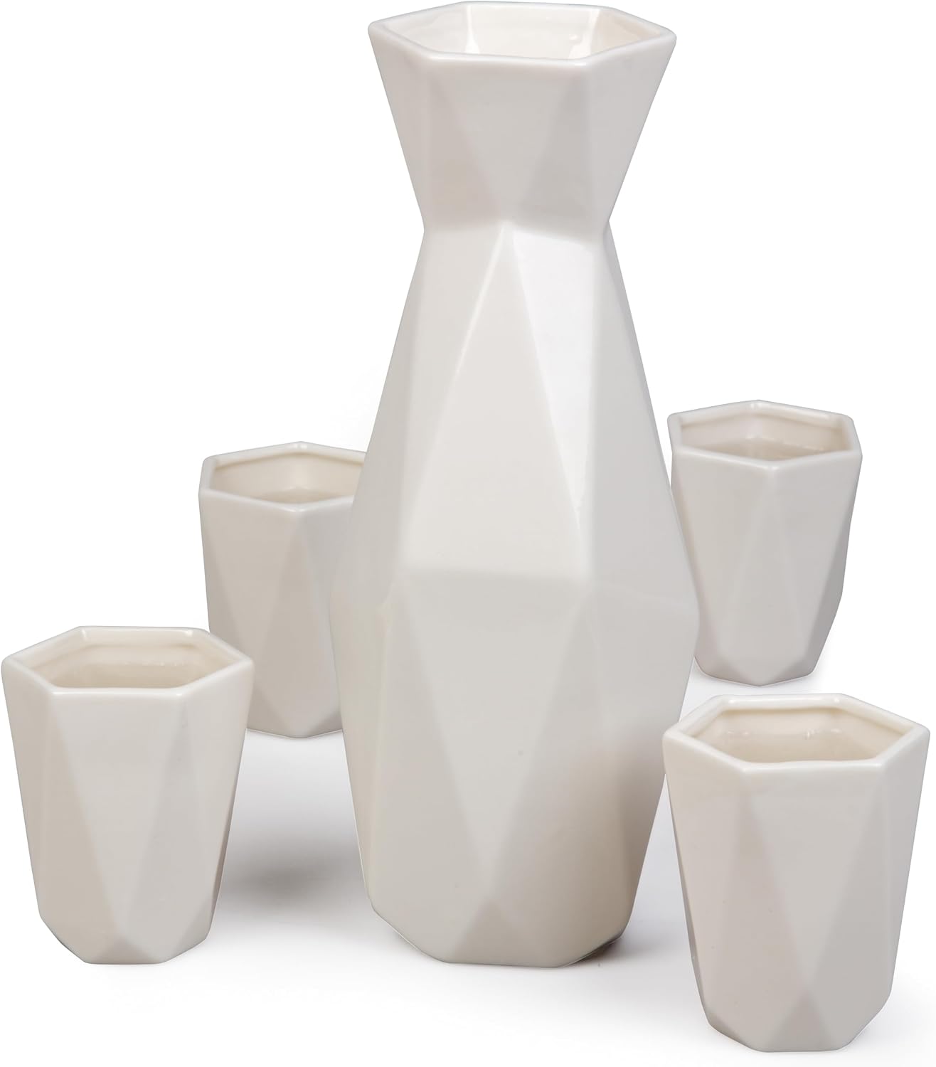 Deco 5 Piece Traditional Porcelain Japanese Sake Set, White - 1 Tokkuri Bottle (18 oz) & 4 Ochko Cups - Unique Modern Design for Tea & Drinkware - Great for Weddings & Housewarming Gifts
