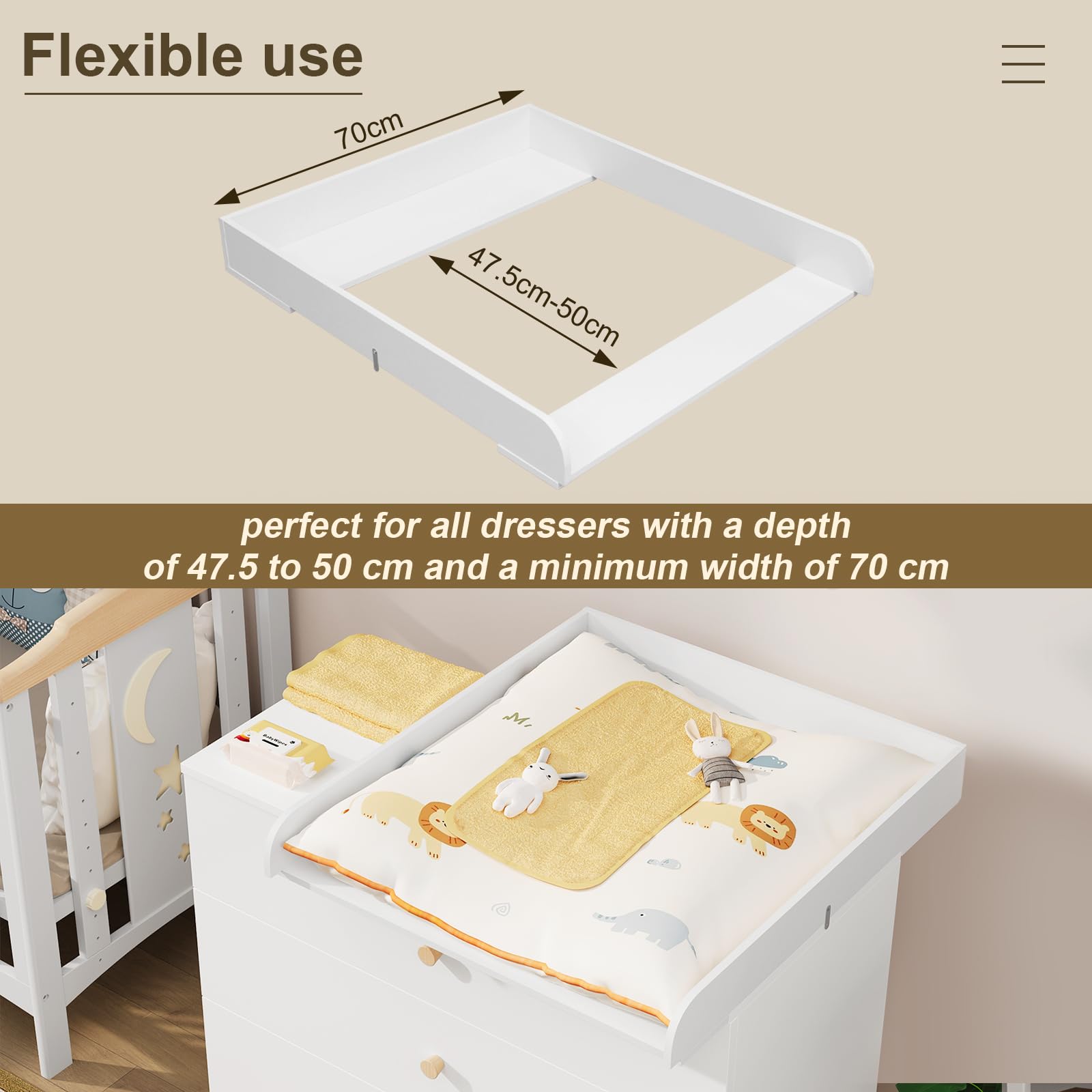 WOLTU Cambiador para Bebé 70x80x10 cm, Tablero Universal para Cómoda, Profundidad Ajustable 47,5-50 cm, Montaje en Pared, Accesorio en MDF, Color Blanco