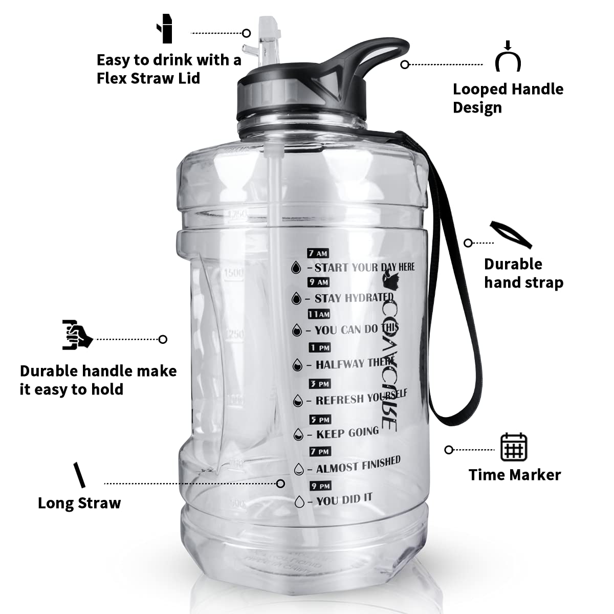 Borraccia Sportiva Grande COVACURE 2.2L Con Cannuccia E Timer – Senza BPA, A Prova Di Perdite, Con Tracolla – Ideale Per Palestra, Ufficio E Outdoor - 2