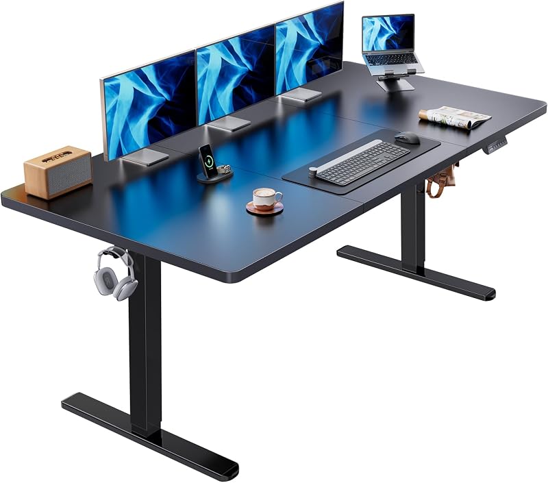 Escritorio eléctrico grande de pie de 71 x 35 pulgadas, motor sin escobillas, negro | Escritorio de 35 pulgadas de profundidad, capacidad de 220 lb, 4 memorias preestablecidas, bandeja para cables, ganchos dobles, altura de 27,9 a 46,5 pulgadas; Se envía en 2 paquetes