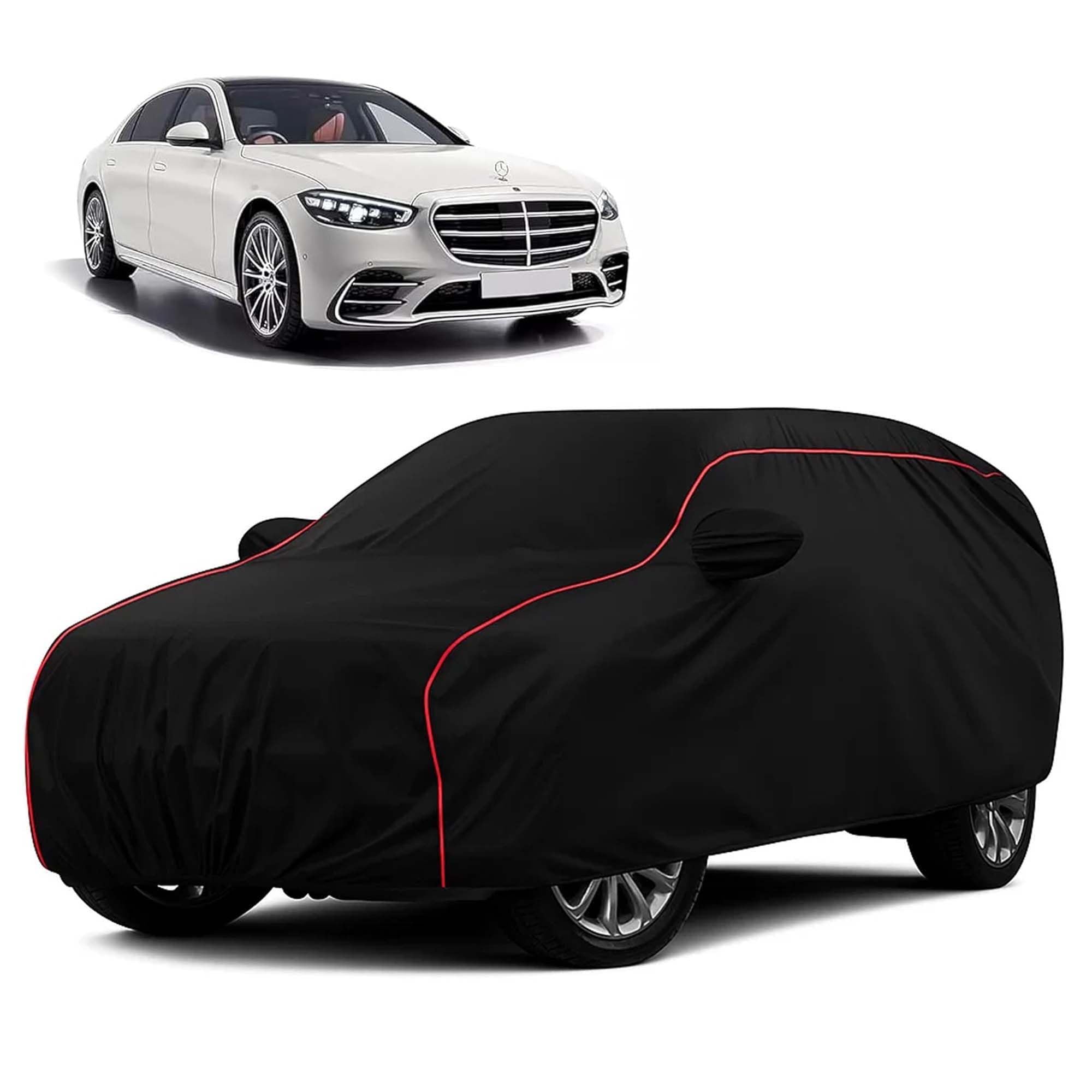 Sulfar 100% Water Resistant Car Body Cover Compatible with Mirror for Mercedes Benz S 350 (Triple Stitched, Full Bottom Elastic, Black with Red Piping)