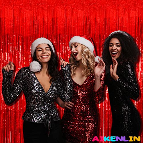 Image of 4 Pack 3.2Ft x 8.2Ft Red Foil Fringe Curtain Backdrop, Metallic Tinsel Foil Fringe Streamers Curtains Background for Photo Booth, Birthday, Wedding, Disco, Bachelorette, Christmas Party Decoration