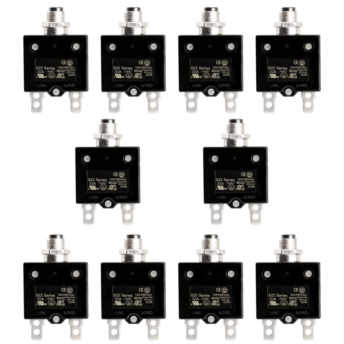 Baomain 30A Circuit Breaker Thermal Overload Protector, S22 Series 125/250VAC/65VDC, Manual Reset Thermal Circuit Breakers Black UL CE Listed Pack of 10 (30 Amp.)