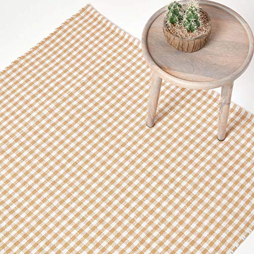 Homescapes Karierter Teppich Gingham, 110 x 170 cm, waschbarer Baumwollteppich mit Karo-Muster im Landhausstil, 100% Baumwolle, beige