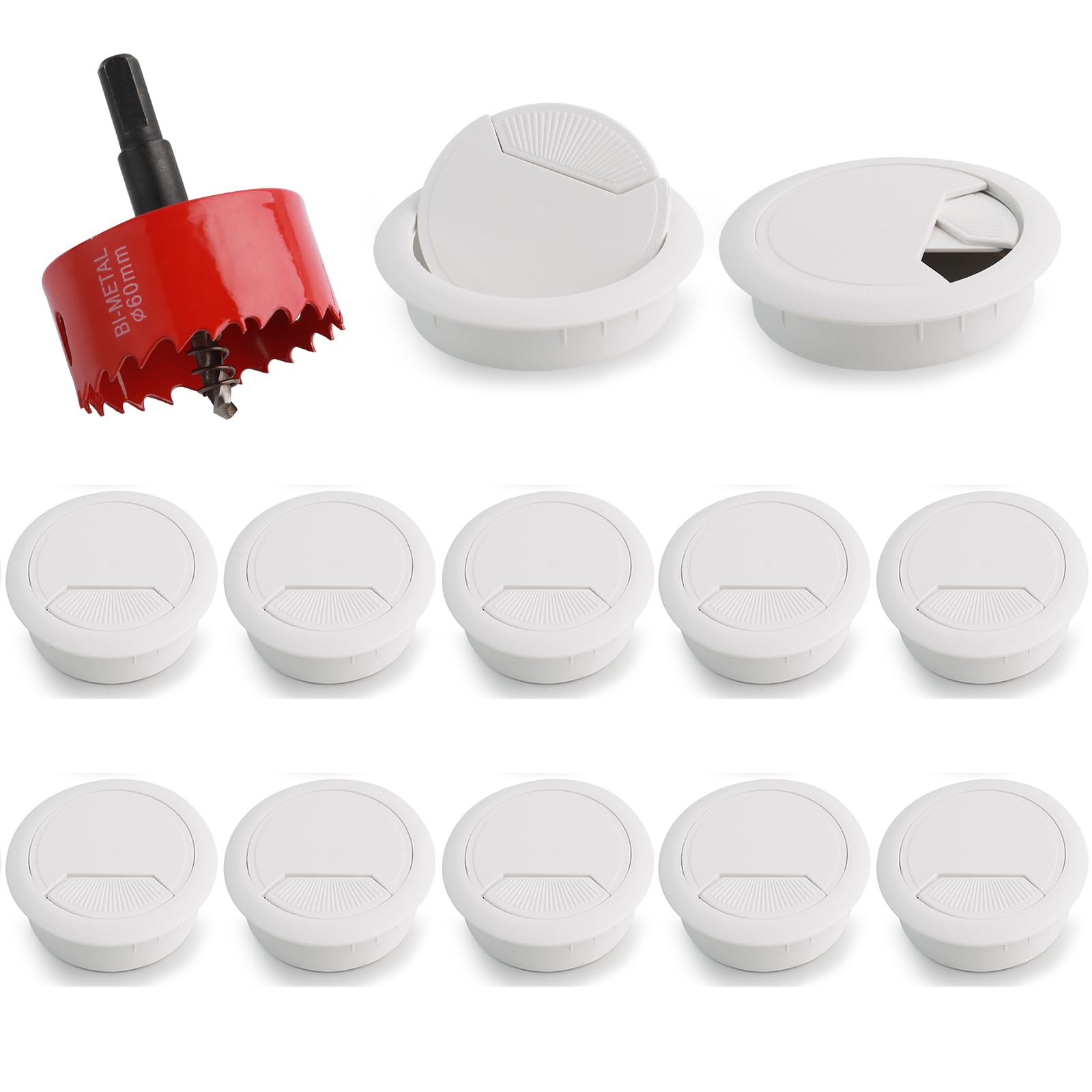 Cable Grommet Desk Diameter 60 mm, Desk Grommet, Pack of 8 White Plastic with a Red Bi-Metal Hole Saw