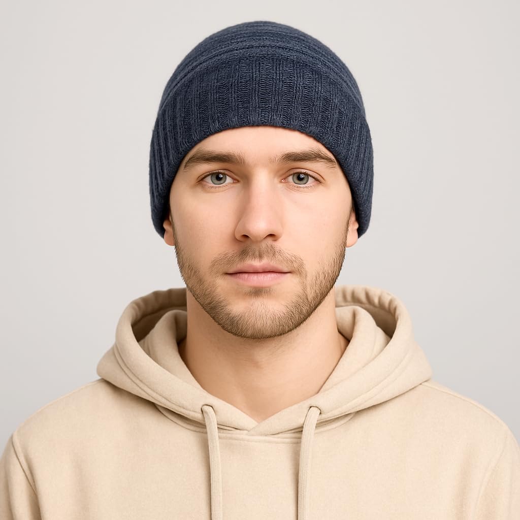CLASSE77 – Gorro de lana (70%) mezcla de cachemira (30%) con solapas acanaladas – Unisex – 100% Made in Italy – Artesanal, Azul y gris jaspeado, Talla única
