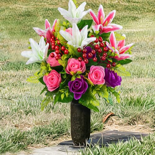 Artificial Cemetery Flowers with Vase, Set of 2 Artificial Rose Lily Bouquet Graveyard Memorial Flowers for Cemetery Headstones Decoration image 2
