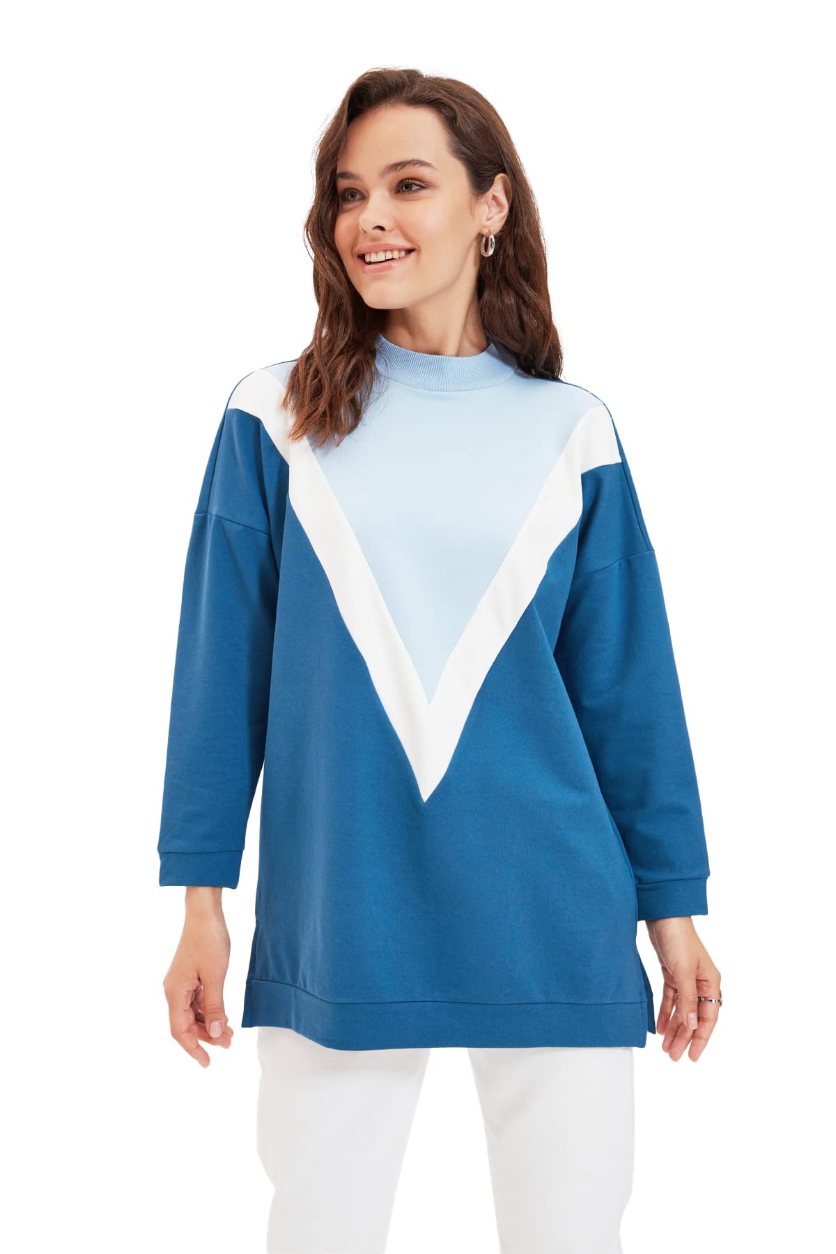 Trendyol Damen Navy Blaue Panel Gestricktes Sweatshirt, S Eu