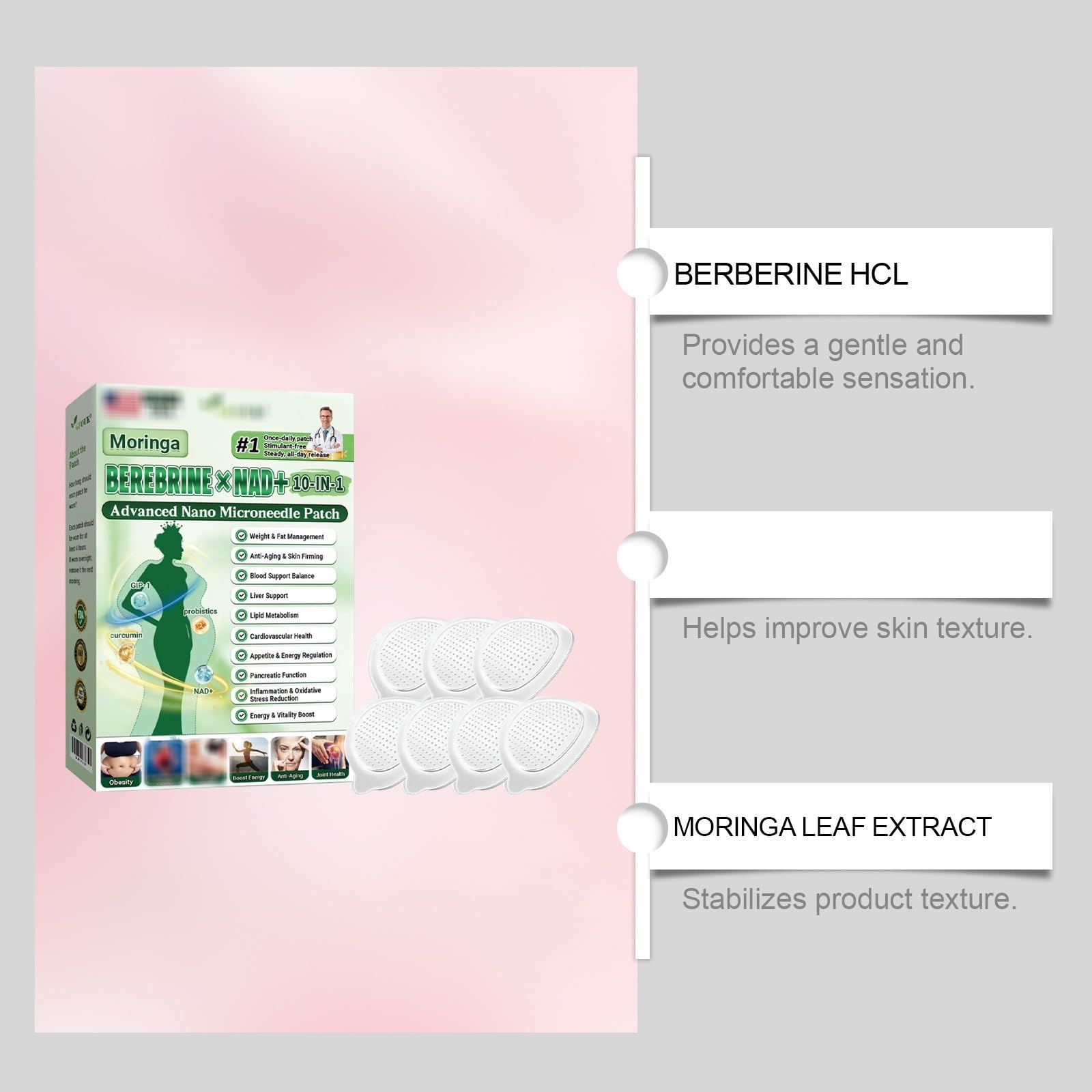 Plaster odchudzający Nano Microneedle, Moringa 10-EN-1, naturalne składniki, plaster wyszczuplający, dla mężczyzn i kobiet
