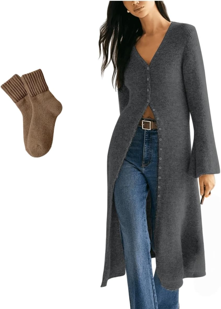 Womens Long Cardigans V Neck Button Down Chunky Knit Dusters Sweater Coat Chunky Cable Knit Duster Dress