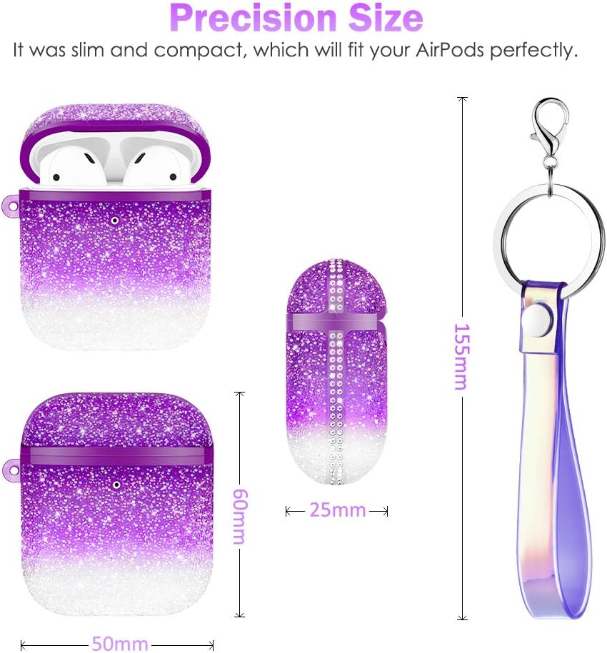 Caka Glitter Case for AirPods Case Cover Crystal Diamond Rhinestone Shiny Bling Sparkle Protective with Lanyard TPU Women Girls Cute Case for AirPods 1 and 2 (Front LED Visible)(Gradient Purple)