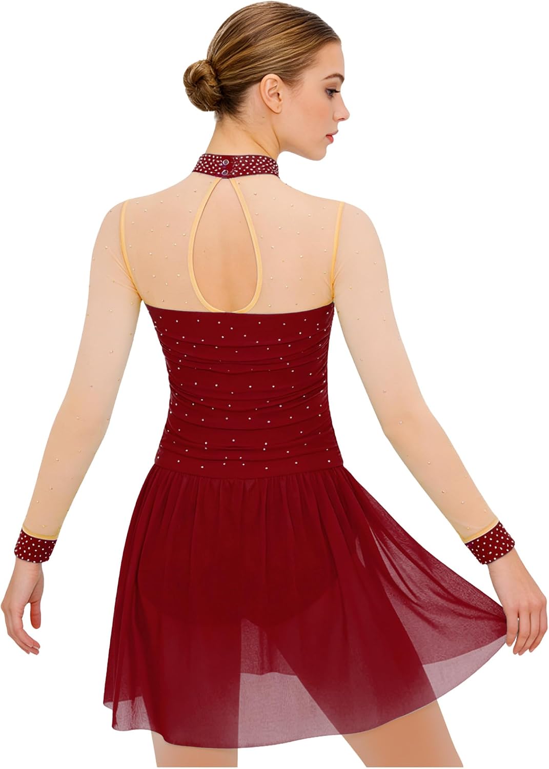 Women Rhinestones Lyrical Dance Dress Irregular Flowy Tulle Skirt Leotard Contemporary Dance Costume