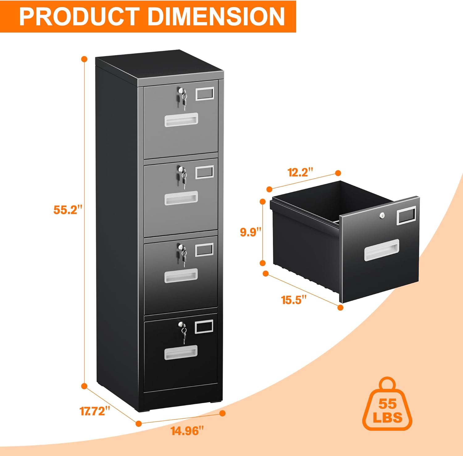 Metal Vertical File Cabinet with Lock,File Storage Cabinet with 4 Drawer for Letter,Legal,F4,A4,14.96" W x 17.72" D x 55.2" H, Assembly Required,Black