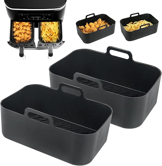 YQL Silicone Air Fryer Liner for Ninja Dual, 2Pcs Thickened Air Fryer Liners Reusable Air Fryer Accessories Silicone Pot/Basket Compatible with Ninja AF300UK, Instant Vortex, Salter Dual Air Fryer