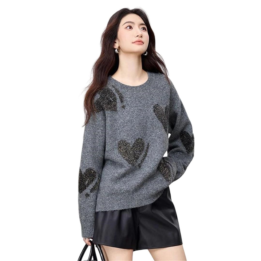 Women Knit Pullover O Neck Heart Texture Elegant Casual Sweater
