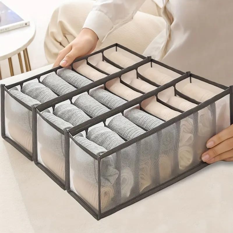 atorakushon Mesh 7 Grid Undergarments Organizer for Women | Clothes Organizer for Wardrobe| Storage Box for Clothes Innerwear Bra Panty Socks Ties - Pack of 3 Grey-picture-10