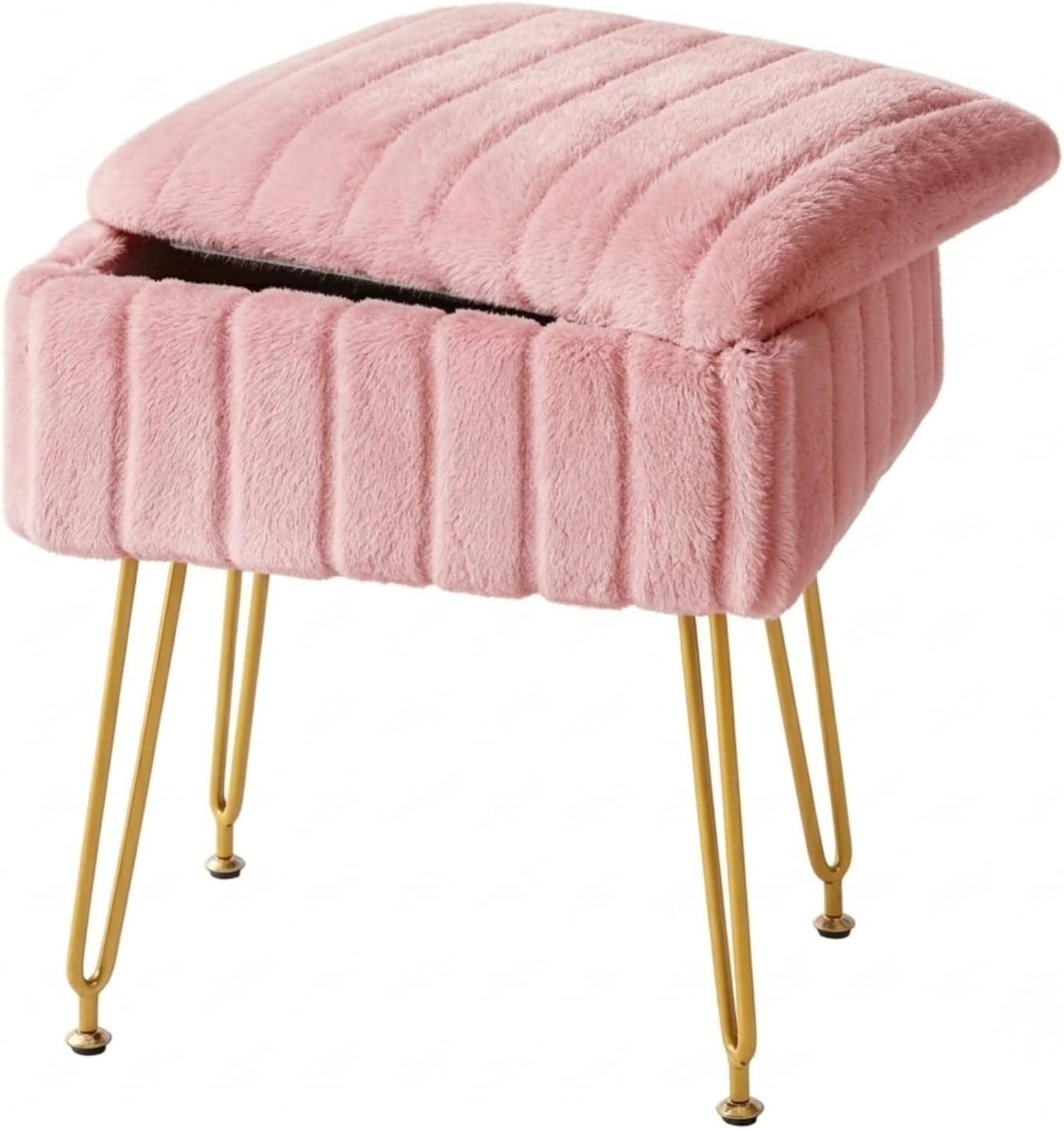 FUXA Vanity Stool Chair with Storage, Faux Fur and Metal Legs, Pink