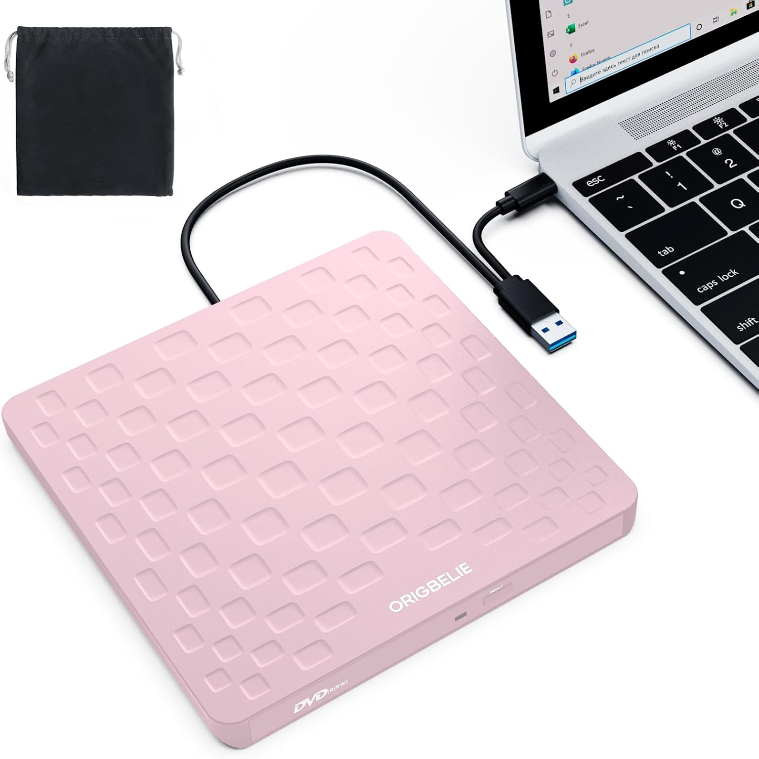 ORIGBELIE External CD DVD Drive for Laptop, USB 3.0 Type-C Ultra Slim 13mm DVD Player Portable CD DVD +/-RW Drive CD Burner Reader Writer Recorder for Desktop PC Windows 11/10/8/7 Linux Mac OS (Pink)