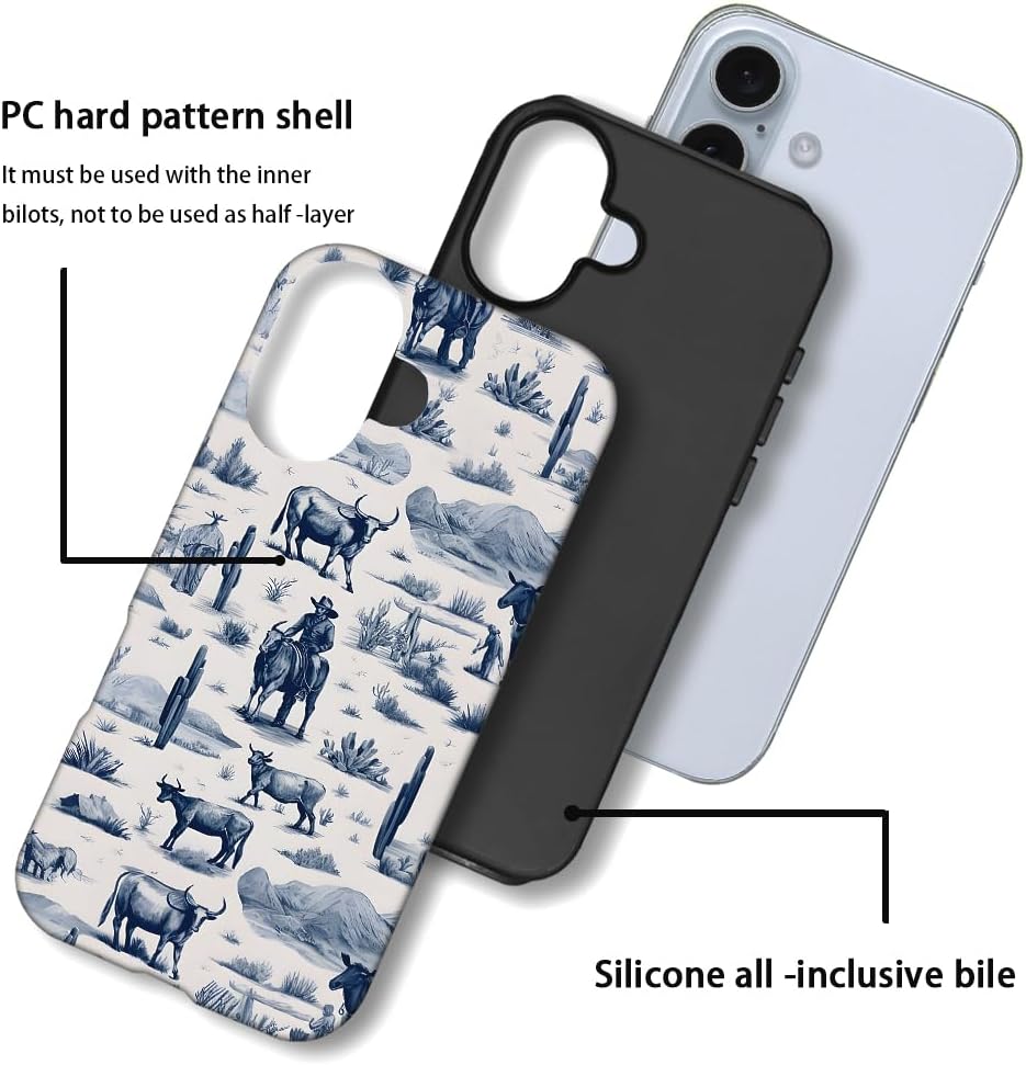 Case Compatible with iPhone 16,Hybrid 2-Layer Hard Shell,Shockproof Soft for Girl Women,Vintage Western Horses Cow - Image 4