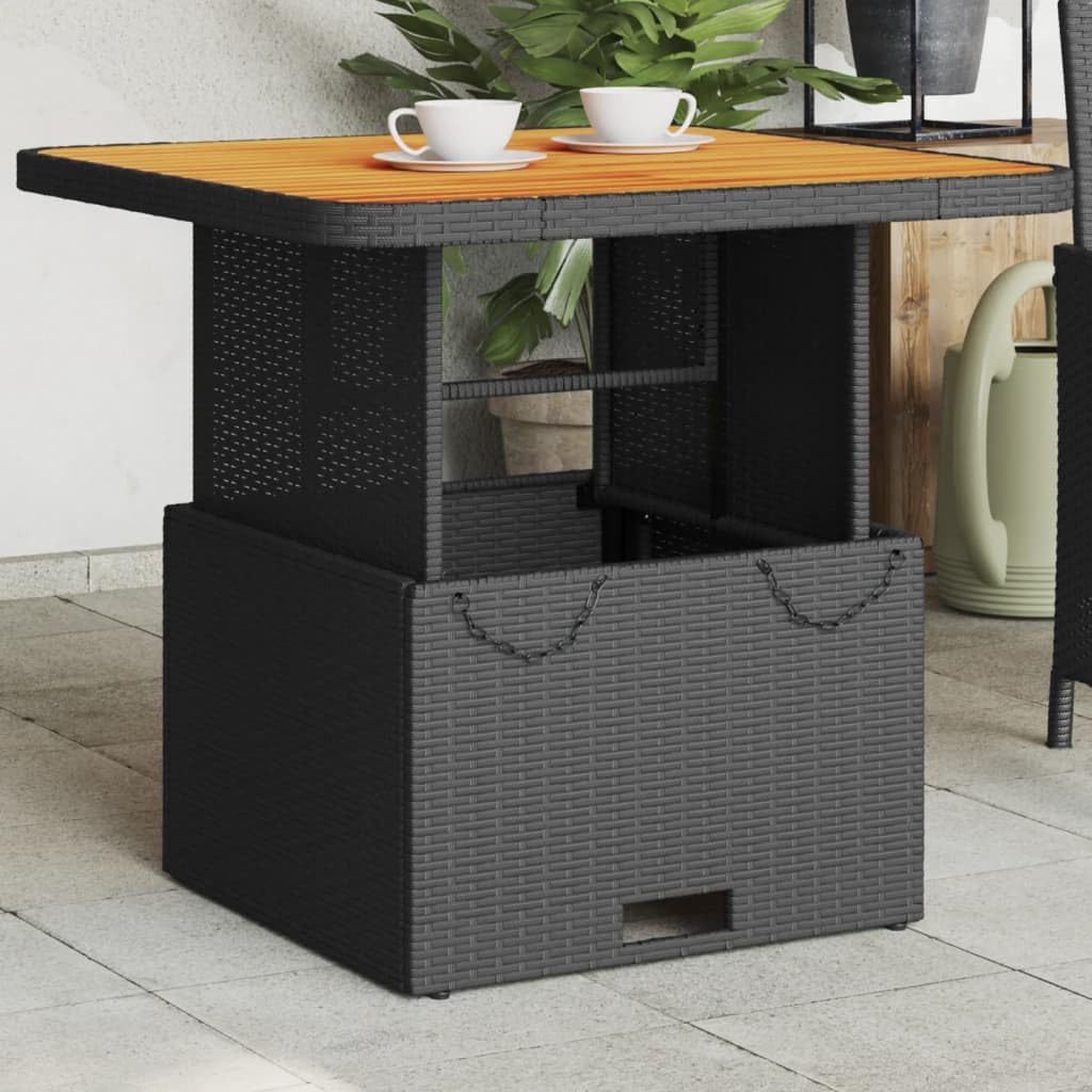SXZenSpace Garden Coffee Table 80x80 cm, Height-Adjustable Outdoor Bistro in Black PE Rattan & Acacia Wood for Patio, Balcony and Backyard