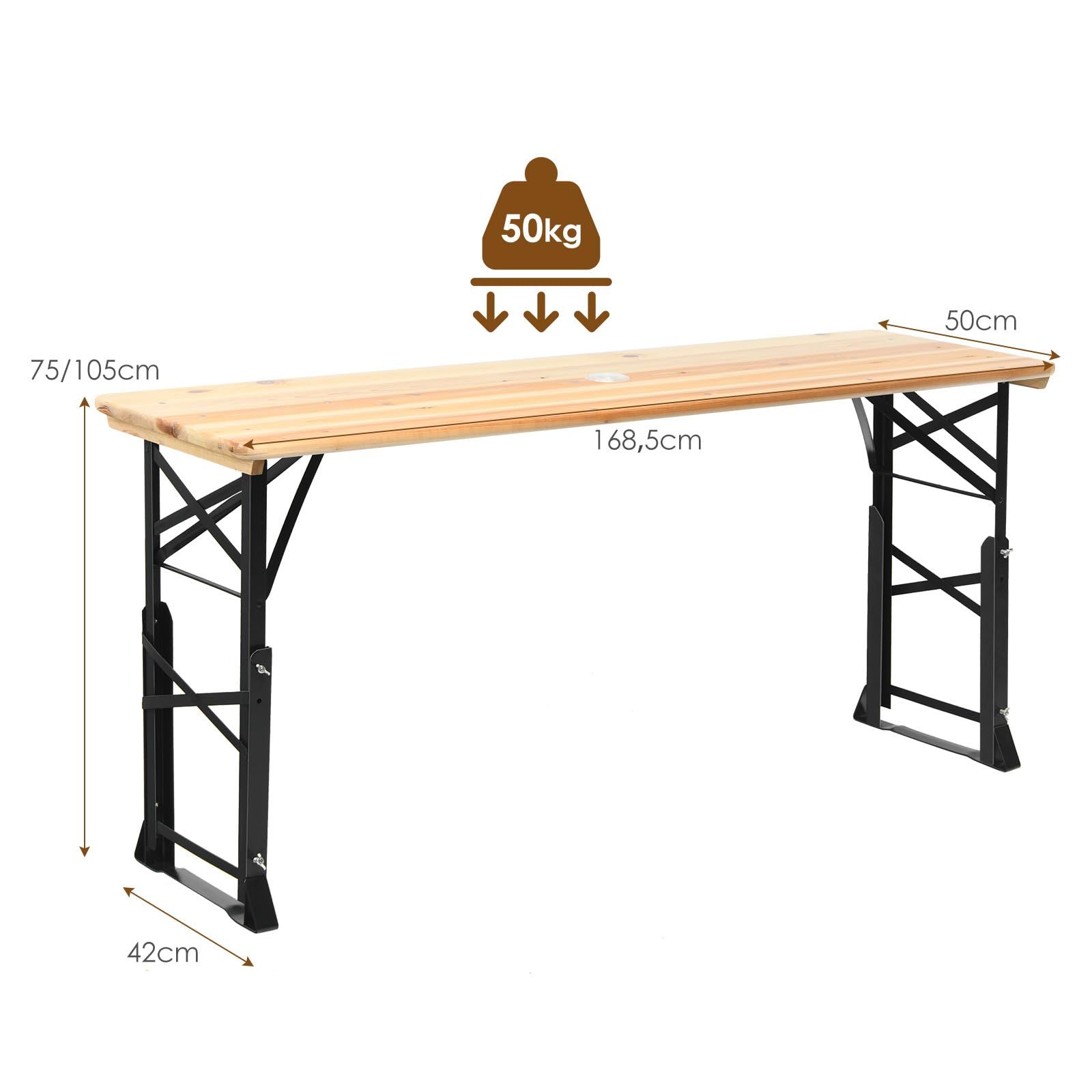COSTWAY Tavolo da Picnic Pieghevole, Tavolo da Campeggio in Legno, con Altezza Regolabile, con Foro per Ombrellone, 168,5 x 50 x 75/105 cm, Portata 50 kg